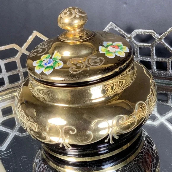 Czech Bohemian Powder Jar Purple Gold Gilt Art Glass Box Flowers Elegant #A23 - Picture 5 of 10